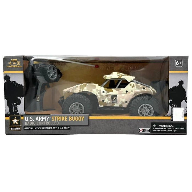 Camouflaged radio-controlled U.S. Army Strike Buggy in packaging.